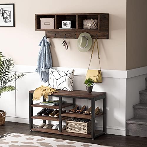 Tribesigns Industrial [Shoe] [Rack] [Bench] with Coat [Rack] Set with Hall Tree, 3 Storage Cubbies, 7 Hooks for Entryway, Hallway, 5-in-1Design, Rustic Brown - Image 4