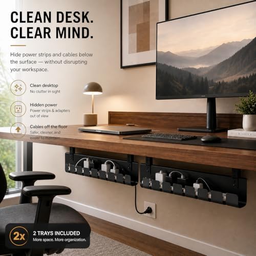 Under Desk Cable Management Tray 2 Pack, Premium Steel Cable Organizer, Clamp or Screw Mount Installation, No Drill Clamp Option, Cord Management System for Home Office Desks, Black - Image 5