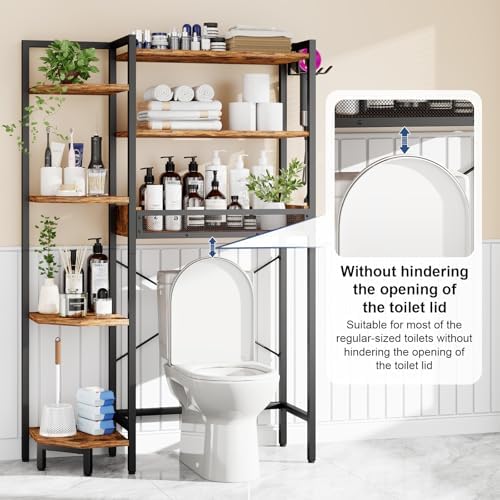 K1 Heavy Duty 7-Tier Over The Toilet Storage（With Basket and Paper Hook）Freestanding Above Toilet Shelf with Adjustable Feet，Space Saver Bathroom Shelves 9.3"D x 33.5"W x 63.8"H，Rustic Brown - Image 6