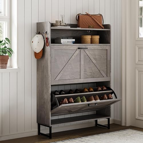 Wodeer Shoe Storage Cabinet with 2 Flip Drawers, Narrow Wood Shoe Cabinet Storage for Entryway with Metal Legs & Hooks, Adjustable Shelves, Freestanding Shoe Rack Organizer for Foyer, Hallway, Grey - Image 3