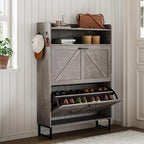 Wodeer Shoe Storage Cabinet with 2 Flip Drawers, Narrow Wood Shoe Cabinet Storage for Entryway with Metal Legs & Hooks, Adjustable Shelves, Freestanding Shoe Rack Organizer for Foyer, Hallway, Grey - Image 3