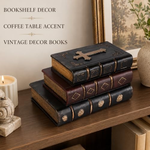 Decorative Bookends Vintage Cross Design, Resin Faux Book Stack Antique Shelf Decor, Antique Vintage Decoration for Home Office Library Old World Farmhouse Style - Image 5