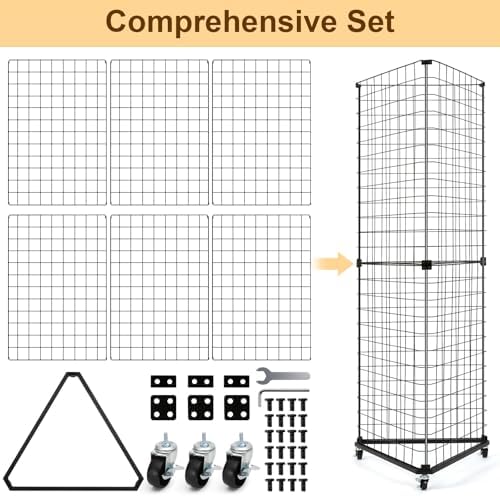 GADFISH Triangular Gridwall Panel Display Stand, Black Triangle Wire Grid Tower with Base and Casters, 24" x 68" Rolling Grid Wall, Panel Stand for Home Organization, Retail, Trade Show, Vendor - Image 7