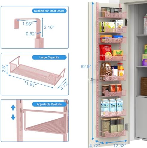 VyGrow 12.3" W Narrow Over the Door Pantry Organizer, 8-Tier Over the Door Organizer with Adjustable Basket, Pantry Door Organization for Pantry Kitchen Storage Room Spice Rack, Pink - Image 6