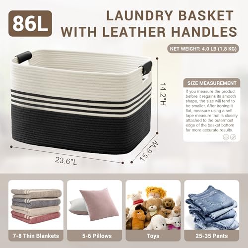 86L Large Woven Laundry Basket Hamper with Leather Handles,Black - Image 2