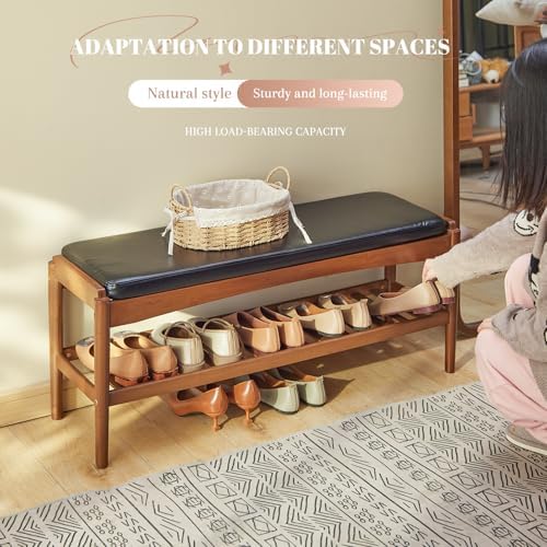 STDDRE Shoe Rack Bench Entryway Bamboo Shoe Storage Bench with Leather Cushion 2 Tiers Shoe Rack Entryway Bench for Hallway, Living Room,Bedroom(Black Bench top+Brown Frame) - Image 5