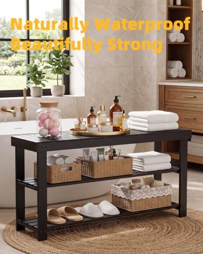 SMIBUY Bamboo Shoe Rack Bench, 3-Tier Shoe Organizer Storage Shelf for Entryway Hallway Bathroom Living Room (Black) - Image 4