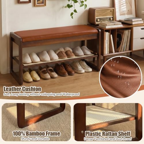 Shoe Rack Bench, 2-Tier Bamboo Entryway Bench 27.5"L, Orange Leather - Image 5