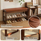 Shoe Rack Bench, 2-Tier Bamboo Entryway Bench 27.5"L, Orange Leather - Image 5