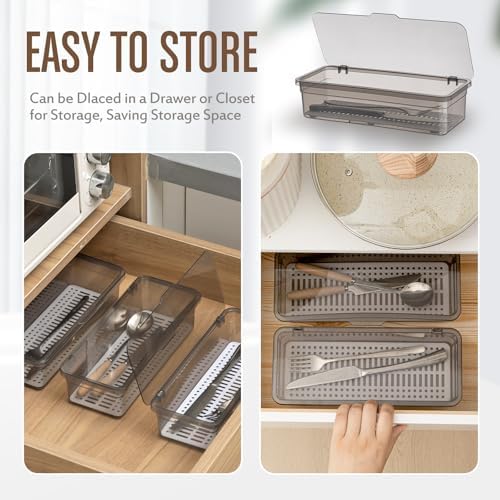 Remerry 6 Pcs Utensil Organizer with Lid, Flatware Tray Drainer, Grey - Image 6