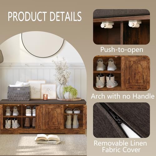 DINZI LVJ Shoe Storage Bench with Cushion, Door, Rustic Brown 47.2"LX17.7"H - Image 5