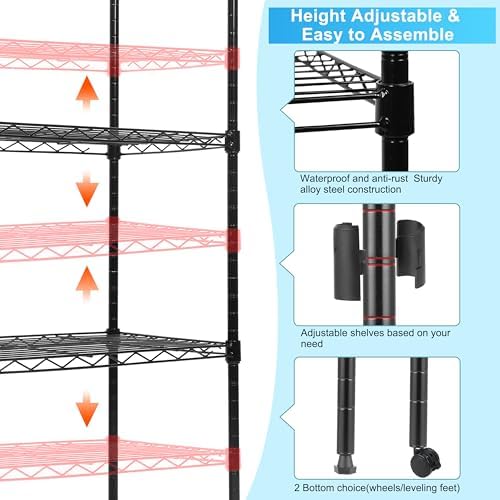 Whitmor 5 Tier Shelving Unit, Adjustable Storage Shelves with Wheels, Wire Shelving, 400 lbs Capacity per Shelf, Max 2000 lbs Total for Laundry, Garage, Plant, 21" L x 12" W x 54" H, Black - Image 4