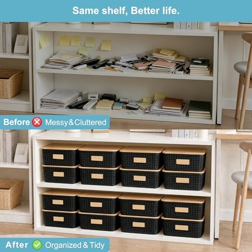 Bagnizer 4 Pack Plastic Storage Bins with Bamboo Lids, 6.2qt Stackable Storage Organizer Box with Lable for Pantry Shelves Drawers Desktop Office, 12"L x 8.3"W x 3.5"H, Black - Image 7