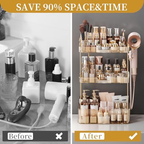 Bathroom Counter Organizer for Vanity, Makeup Organizer Countertop with Holder, Large Capacity Storage Rack, Perfect Large Skincare, Hair Care, Perfume, Easy to Install (Gold, 3Tiers) - Image 3