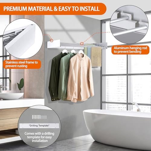 FOCHIER F Laundry Drying Rack Wall Mounted Clothes Drying Rack Collapsible with 5 Aluminum Rods and Drilling Template Long Screwdriver Bit 60 lbs Capacity (White, 31.5") - Image 4