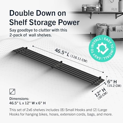 StoreYourBoard Garage Wall Shelf, 1x6 ft, Holds 500 lb, 6 Hooks, 2 Pack - Image 2