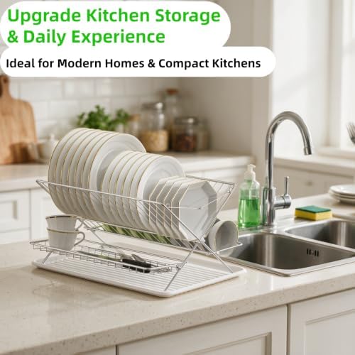 Stainless Steel Foldable Dish Drying Rack, 3 Tier Large Capacity Collapsible Folding Dish Drainer with Drainboard for Kitchen Counter (Upgraded) - Image 3