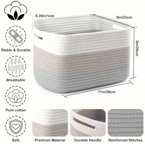 4 Pack Storage Baskets for Organizing, 11''Lx9''Wx8''H Woven Baskets for Storage Toys, Towels, Books, and Clothes, Cotton Rope Basket for Shelves with Handle - Image 2