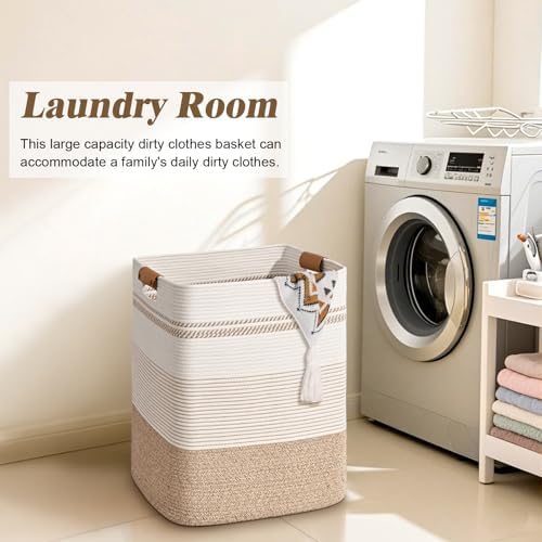 Laundry Hamper, 85L Tall Laundry Basket with Leather Handles, Rectangle Large Clothes Hamper for Organizing, Cotton Woven Laundry Baskets Storage Hampers for Bedroom, Nursery, Living Room - Image 4