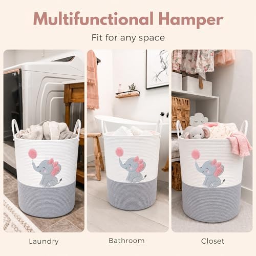 Elephant Baby Laundry Basket for Girl Nursery, Pink Rope Hamper, 20x15 in - Image 6