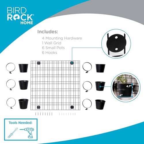 BIRDROCK HOME 6 Pot Garden Wall Grid - Flower or Succulent Planter Pots - Indoor or Outdoor Plant Organizer Rack - Black - Image 3
