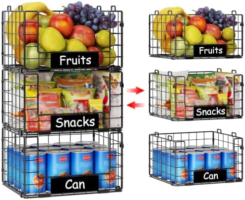 3 Pack XL Stackable Wire Baskets with Handle, Pantry Organizers and Storage - Image 7