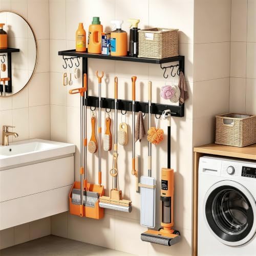 Broom Holder Wall Mount Heavy Duty, 26.8" Garage Tool Organizer with Shelf and Hooks, Metal Broom and Mop Organizer Wall Hanging for Laundry Room, Kitchen, Black - Image 7
