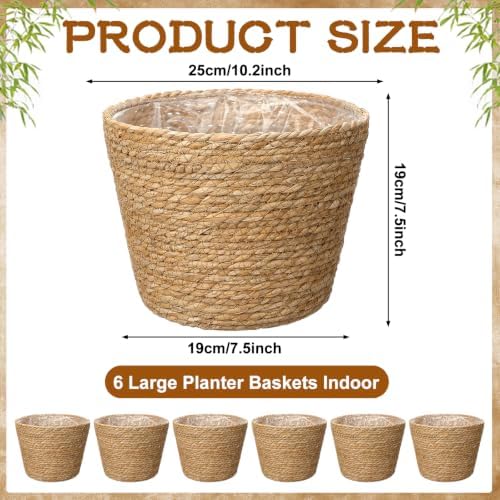 6Pcs Large Premium Seagrass Planter Basket with Plastic Lining Natural Stylish Planter Baskets Indoor Outdoor Plants Woven Wicker Baskets for Plants Flower Pots Cover Room Decor(10.2x7.5x7.5) - Image 2