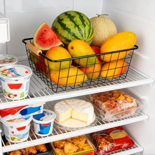 4 Pack Black Metal Wire Storage Baskets, Pantry Baskets for Organizing, Wire Food Storage Basket Organizer with Wooden Handles for Kitchen, Pantry, Freezer - 29 x 22 x 12cm - Image 4