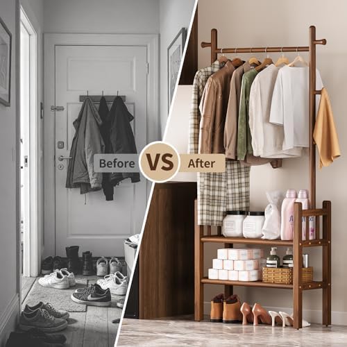 Solid Wood Clothing Rack with Shelves - Coat Rack Freestanding with 6 Hooks Load 450 Lbs, 3-in-1 Hall Tree for Hanging Clothes, Tall Garment Racks with Storage for Bedroom, Entryway, Living Room - Image 6