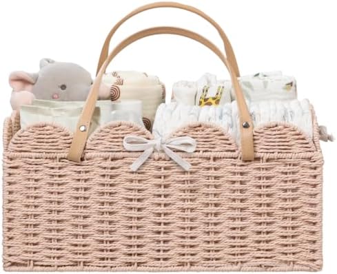 HBlife Baby Diaper Caddy, Paper Rope Storage Baskets Nursery Bin with Removable Divider, Portable Car Organizer for Diapers, Baby Shower Gifts, Newborn Essentials Must Haves by HBlife