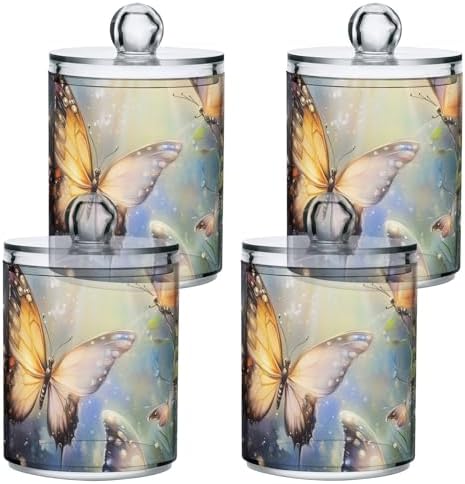 Fustylead 4 Pack Magic Butterflies and Fireflies Qtip Holder Dispensers for Cotton Swab, Ball, Round Pads, Floss, Plastic Apothecary Jar Set for Bathroom Canister Storage by Fustylead