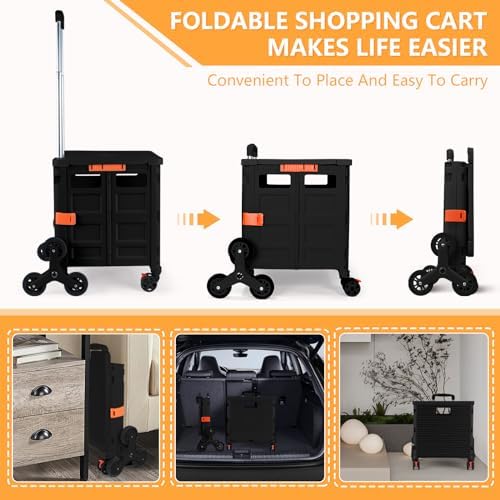Foldable Utility Cart with Stair Climbing Wheels,Collapsible Rolling Crate with Magnetic Lid Telescopic Cover,Telescoping Handle,360° Rotate Wheel Hand Cart for Teacher Shopping Moving Grocery(Black) - Image 2