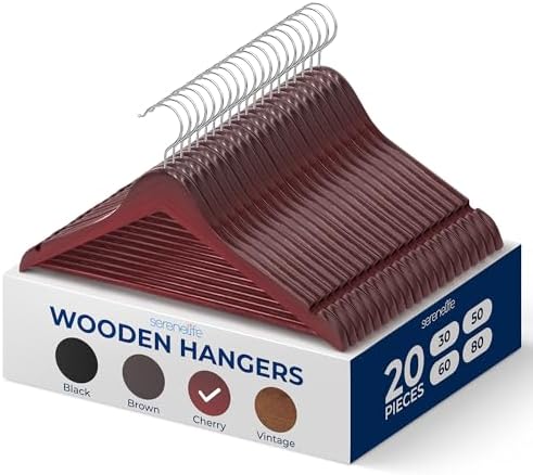SereneLife Wooden Hanger Set - 20 Pieces - Durable & Slim - Non-Slip Versatile Closet Space-Saving Hanger Set for Suit, Coat, Camisole, Jacket, Pants, Dresses with 360° Swivel Hook - Cherry by SereneLife