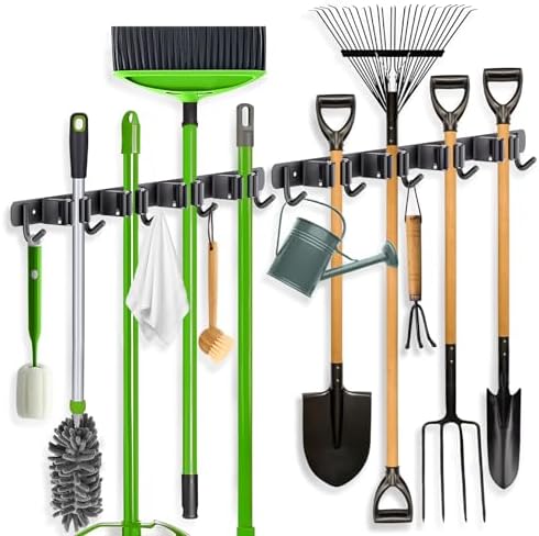 ZONGOOL 2 Pack Mop Broom Holder Wall Mount 4 Racks 5 Hooks Storage Black by ZONGOOLHouseware