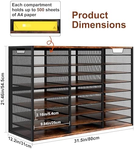 TQVAI 27 Compartments Desktop Literature Organizer, Metal Frame Paper Sorter with Handles, Heavy Duty Mailbox for Classroom and Office, Wood File Organizer for Document, Bill, Magazine, Antique Brown - Image 2