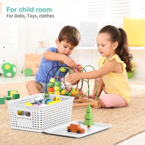 8 Pack Plastic Storage Baskets,White Stackable Bins with Lid - Image 4