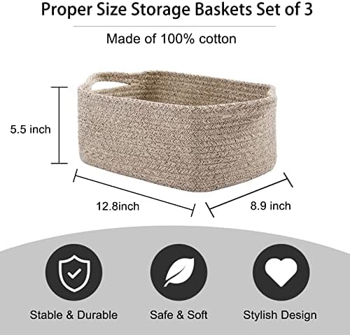 OIAHOMY 3 Pack Storage Baskets for Shelves Cotton Rope Storage Bins Brown - Image 3