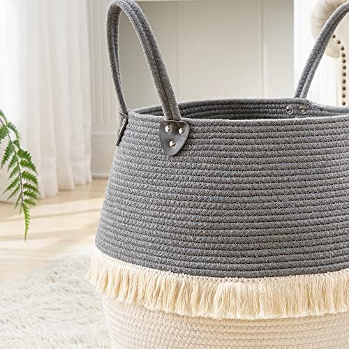 KAKAMAY Woven Baskets for Storage(17"x17"),Large Cotton Rope Woven Baby Laundry Hamper,Collapsible Laundry Basket, Blanket Basket for Organizing Living Room,Nursery,Pillows,Toy Chest(Grey) - Image 5