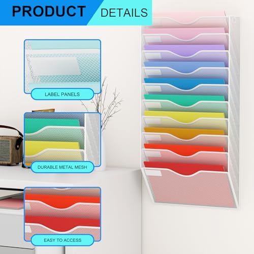 10 Pockets Hanging Wall File Organizer Mail Holder, Wall Mounted Paper Document Folder Holder, Clipboard Storage Organization Magazine Rack, White - Image 4