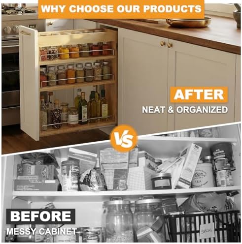 Pull Out Spice Rack Organizer for Cabinet, 8" W x 22.3" D x 25.2" H Multi-Use Solid Wood Slide Out Shelf for Kitchen Cabinet, Sliding Spice Rack for Cans & Jars, Pantry Organization - Image 5