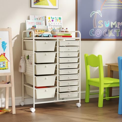 Giantex 15 Drawer Storage Cart, Rolling Craft Cart with Metal Tabletop & Pegboard, Mobile Utility Organizer Trolley with Locking Wheels, Home Office, Classroom, Teacher Supplies, Ivory - Image 5