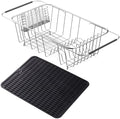 NiuYichee Stainless Steel Dish Drying Rack(14.2" L x 9.5" W x 4.1" H), Expandable Fruit & Vegetable Drain Rack Over Sink, Dish Drainer Rack in Sink, with Utensil Holder & 16" Silicone Mat by NiuYichee
