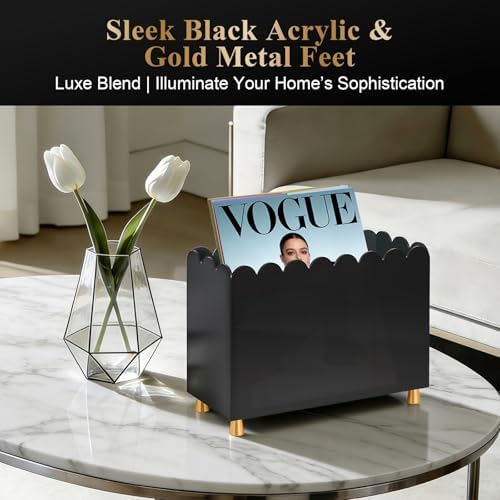 Acrylic Magazine Holder, Magazine Rack Floor,Sleek Black Stylish Organizer with Luxe Gold Metal Feet and Wave Edge Design Space Saving Storage for Books Newspapers Office Supplies,Home Office(Black) - Image 4