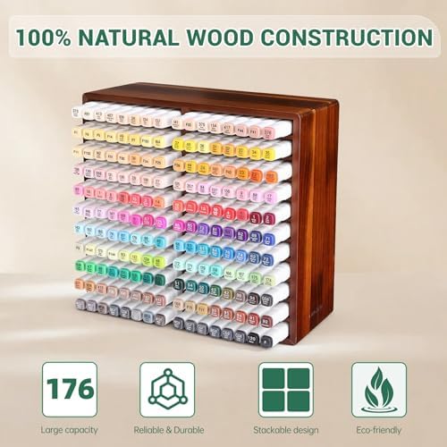 walowalo Acacia Wood Marker Organizer with 22 Compartments Holds 176 Markers, Alcohol Marker Storage Desk Organizer Pen Holder for Office Home Classroom Artists Kids Birthday Gift - Image 5