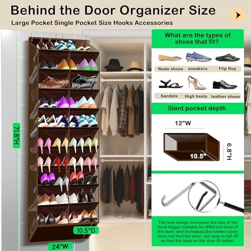 Kotkn 10-Tier Over the Door Shoe Organizer, 20 Pockets Holds 20-30 Pairs, Heavy-Duty Oxford Fabric with Hexagon Mesh for Boots & Sneakers-Coffee Brown - Image 2