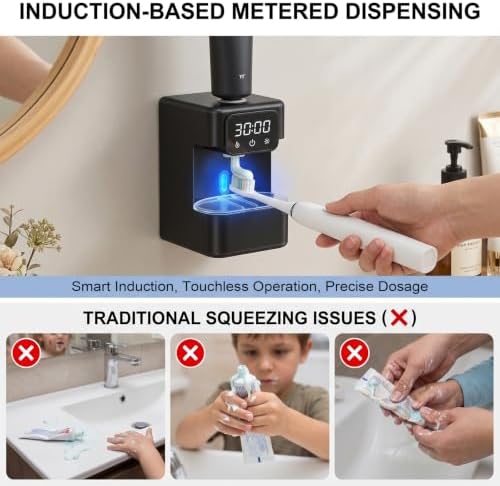 Wall-Mounted Automatic Toothpaste Dispenser, Toothbrush Cleaner with Sensor-Activated Design, Toothbrush Holder with Removable Slots & Smart Display, Toothpaste Dispenser for Kids & Adult (Black2.0) - Image 3
