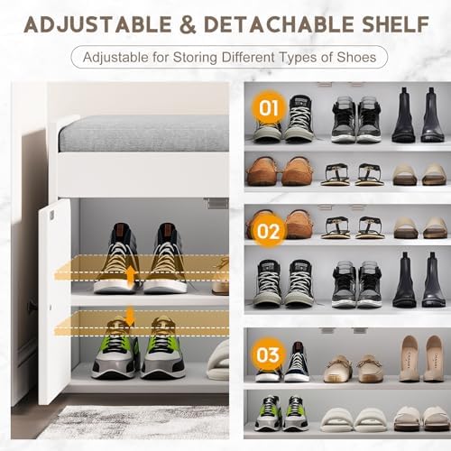 42.6" Storage Bench - Shoe Storage Bench with Side Storage Shelves and 3 Doors, Multifunctional Entryway Bench with Lift Top Cushion, Shoe Bench for Bedroom, Living Room, Entryway, White - Image 4