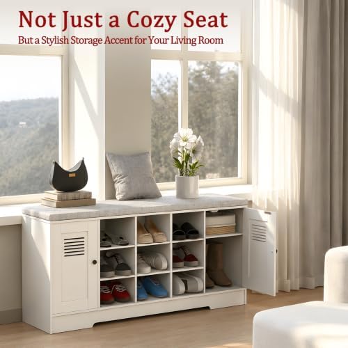 47.2" Shoe Storage Bench with Cushion, 6 Open Cubbies, 2 Cabinet - Image 7