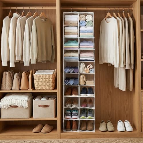 20 Section Hanging Shoe Organizer for Closet, Hanging Closet Organizer and Storage Space-Saving Foldable Clothes Shelf with Sturdy Hooks for Wardrobe, Dorm, Bedroom, Rv, Transparent - Image 2